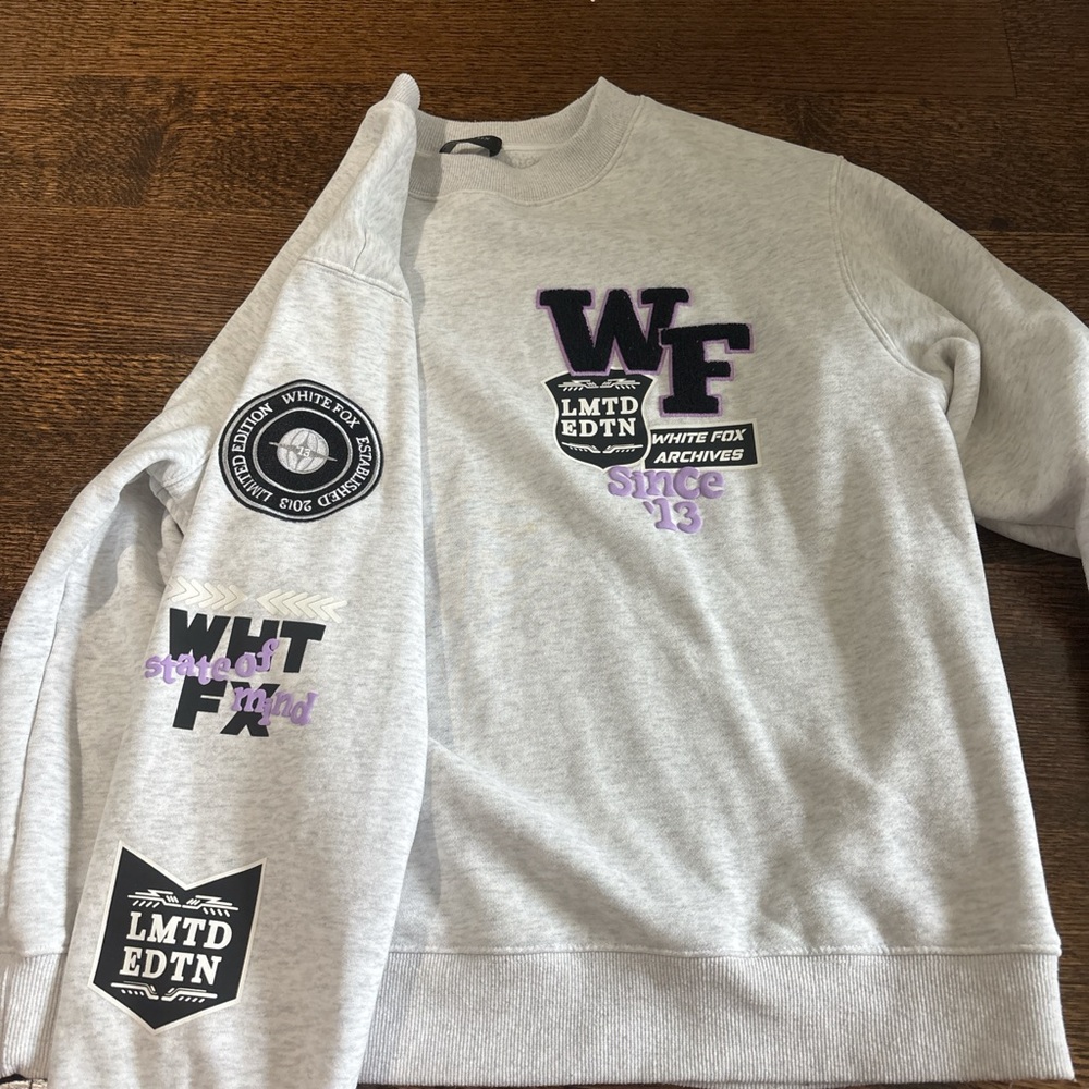 White Fox Boutique Gray Sweatshirt with Purple Accents